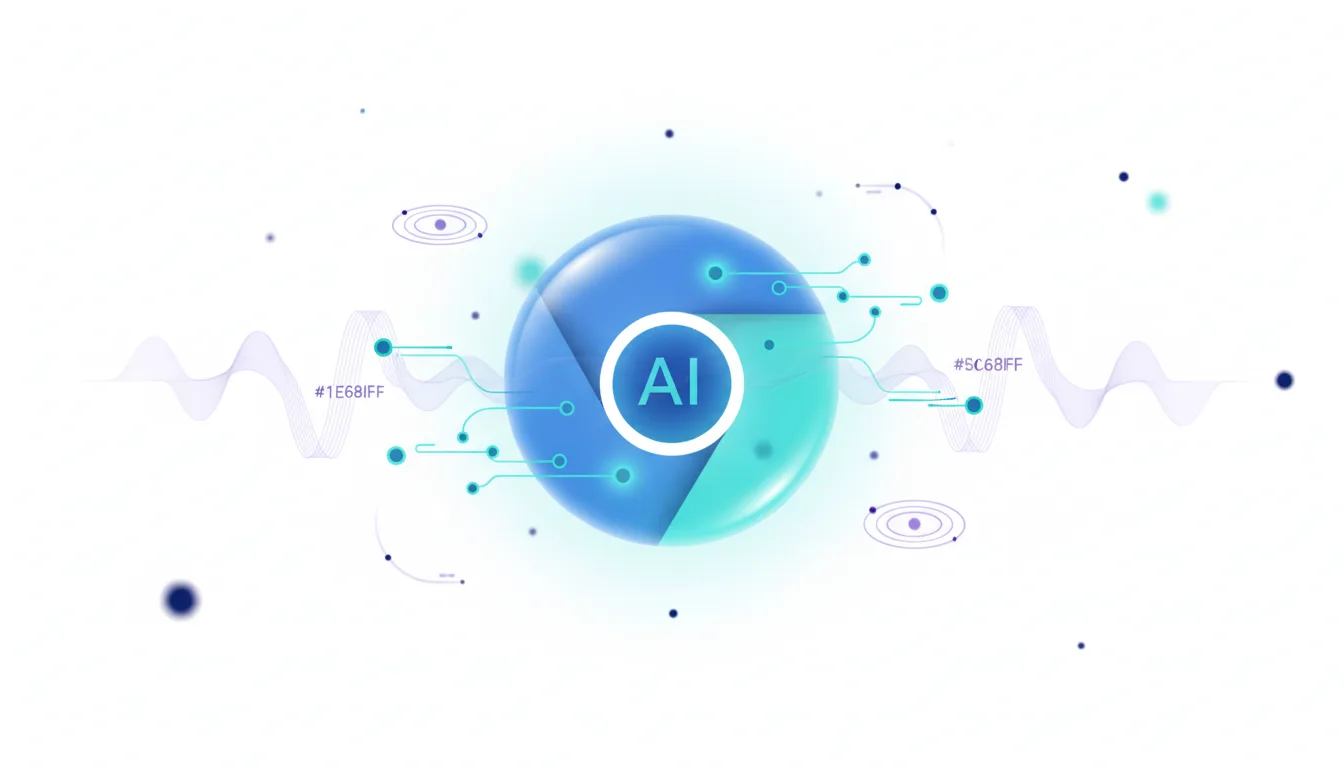 Chrome browser logo with AI text inside, surrounded by digital circuits and wave patterns, symbolizing AI integration.