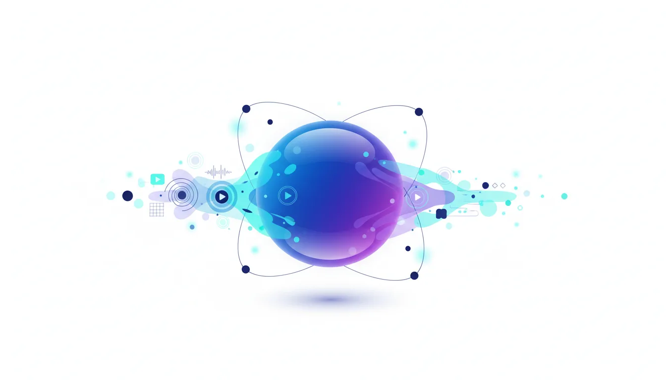 Abstract visualization of a central sphere with orbiting nodes, representing AI processing and data streams.