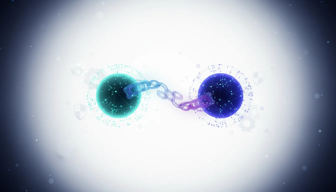 Two glowing spheres, one teal and one blue, connected by a digital chain, representing AI platform integration and ecosystem.