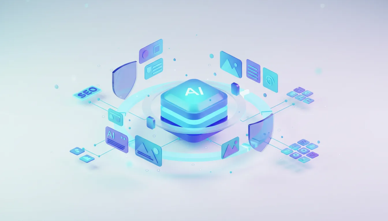 Abstract AI core surrounded by digital marketing elements like SEO, images, and shields, representing workflow integration.
