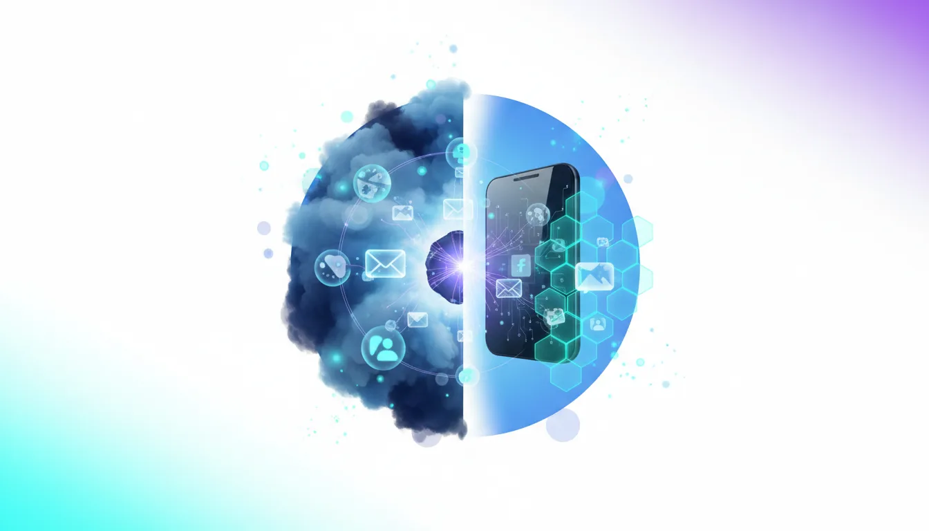 Abstract representation of cloud AI training with email and user icons contrasted with a smartphone displaying similar icons on a hexagonal grid.