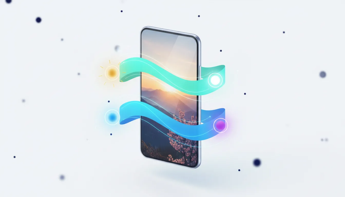 Smartphone displaying a scenic sunset image with colorful ribbons indicating AI editing capabilities for relighting and background manipulation.