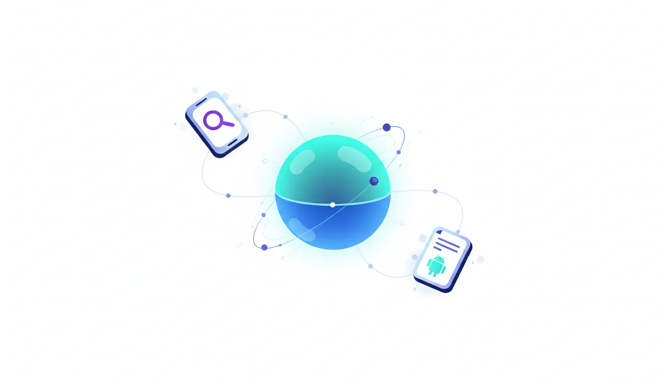 Abstract illustration of a glowing sphere connected to smartphones displaying a search icon and the Android logo, symbolizing Gemini's ecosystem integration.