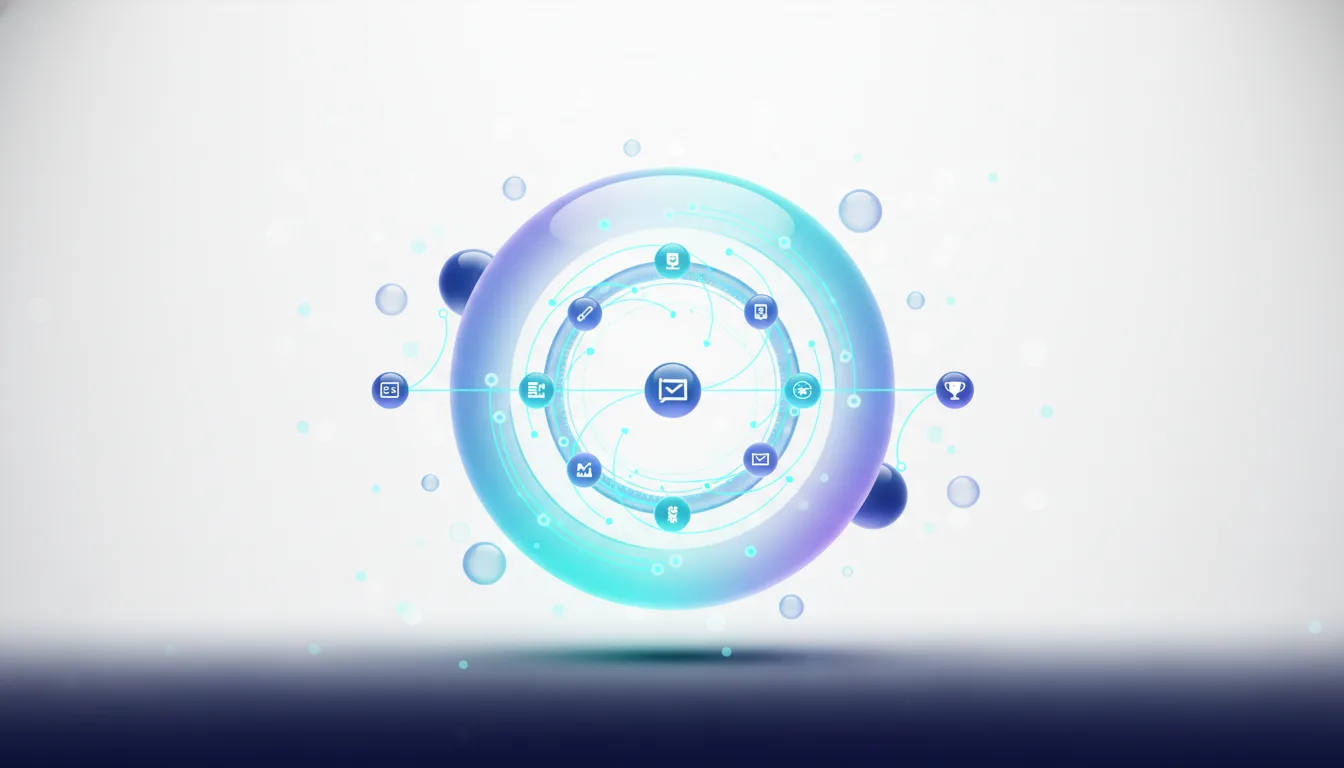 Abstract visualization of a circular network with icons representing data, communication, and finance, symbolizing prediction markets and AI integration.