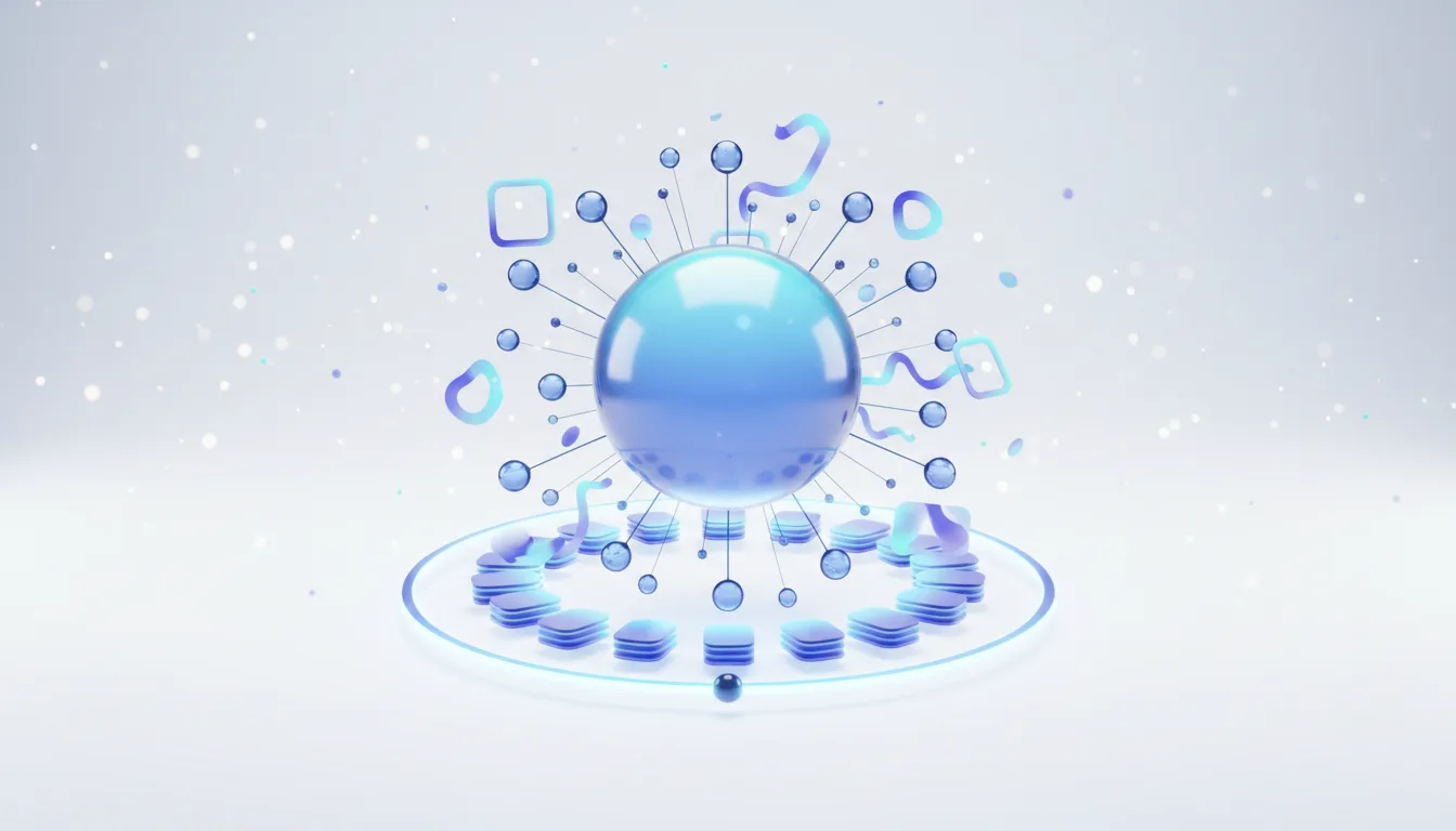 Abstract 3D render of a central blue sphere connected by lines to smaller spheres and abstract shapes, symbolizing AI style sharing.