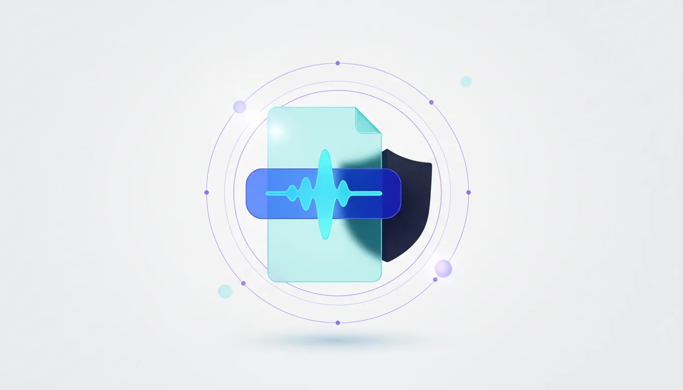 Document icon with audio waveform and shield symbolizing Gemini read-aloud security and privacy in Google Docs.