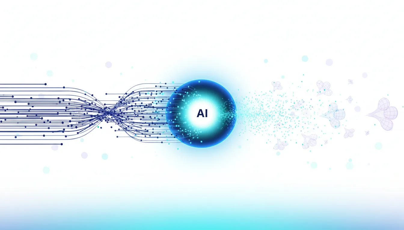 Abstract visualization of AI processing data streams, transforming into digital particles and abstract butterfly shapes.