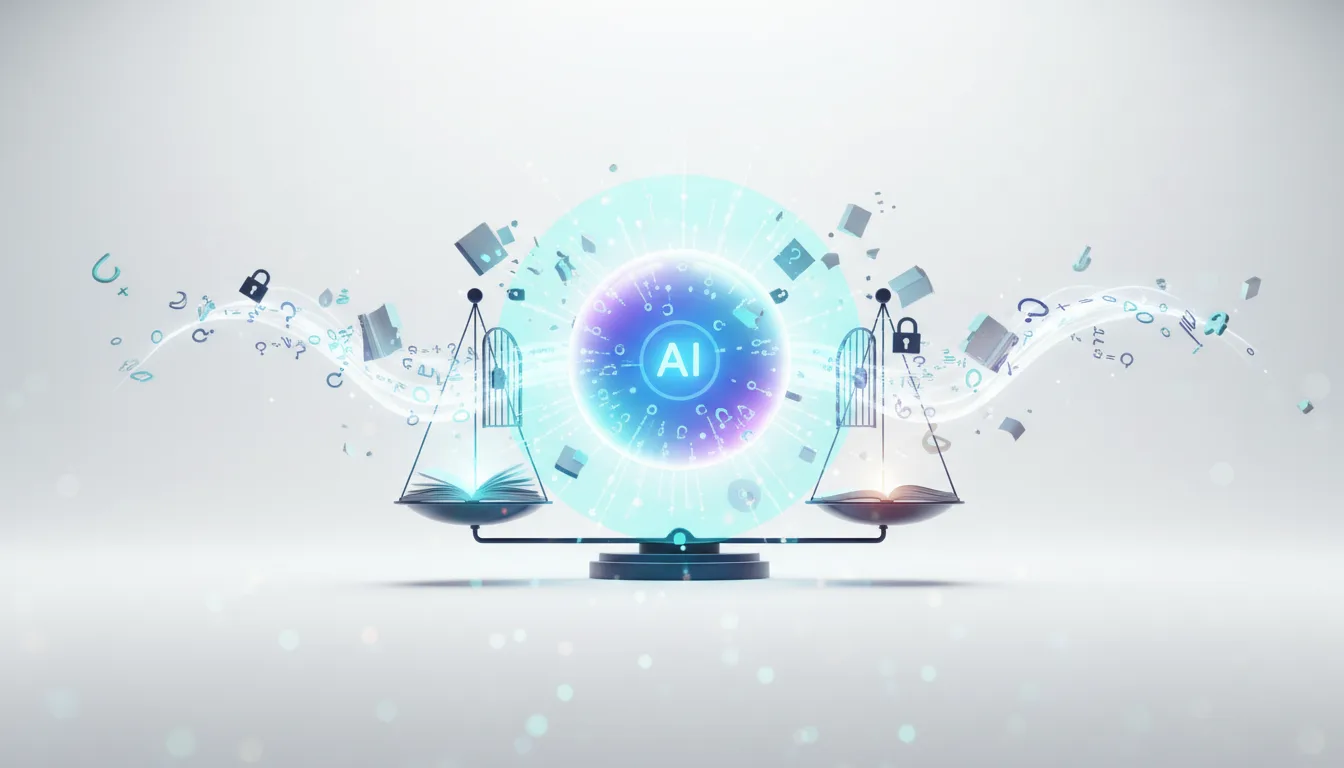 A balance scale weighs an open book against a glowing AI sphere, symbolizing the impact of artificial intelligence on education and assessment.