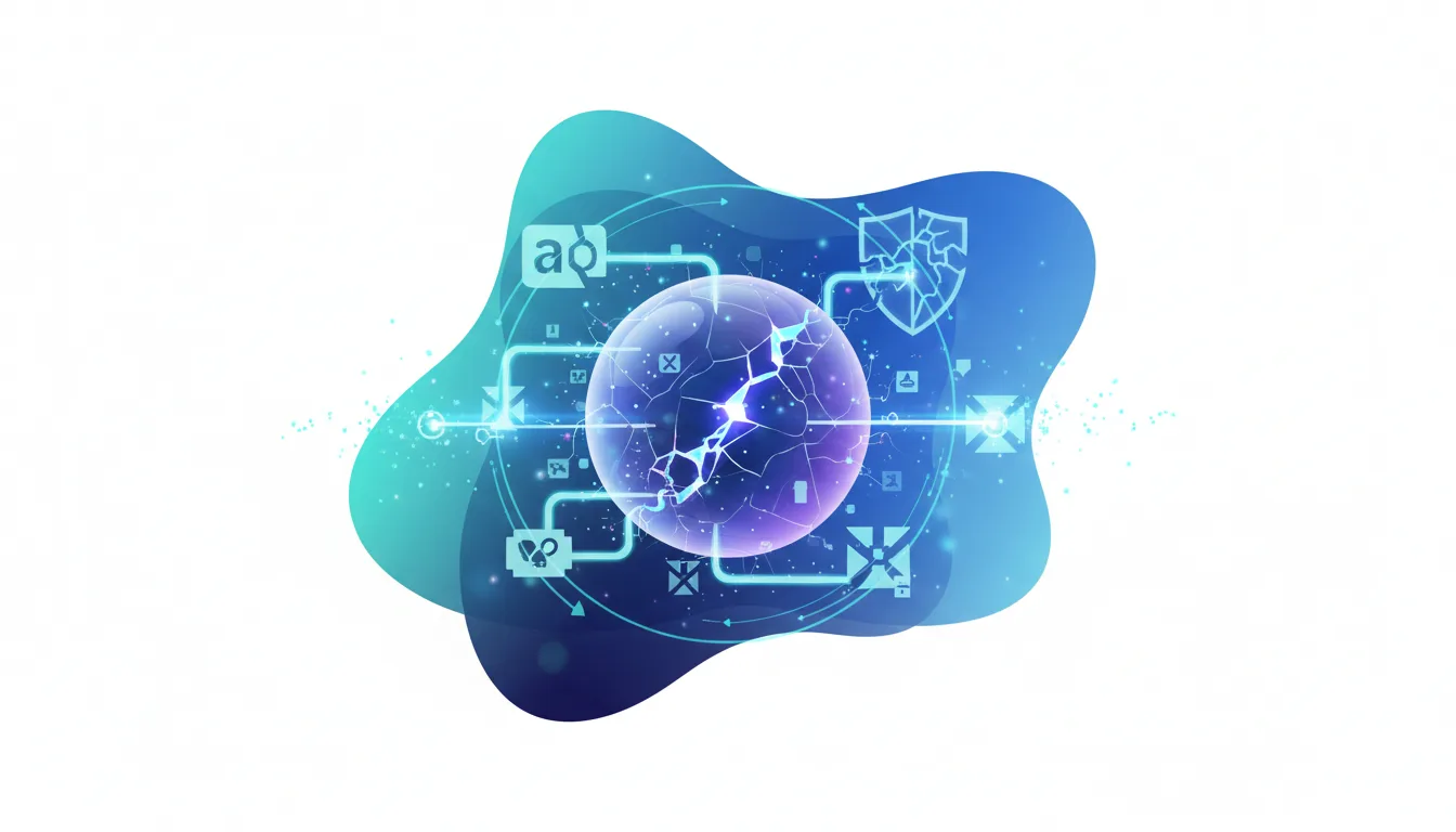 Abstract illustration of a cracked sphere surrounded by digital nodes and icons, symbolizing AI system failure and data breaches.