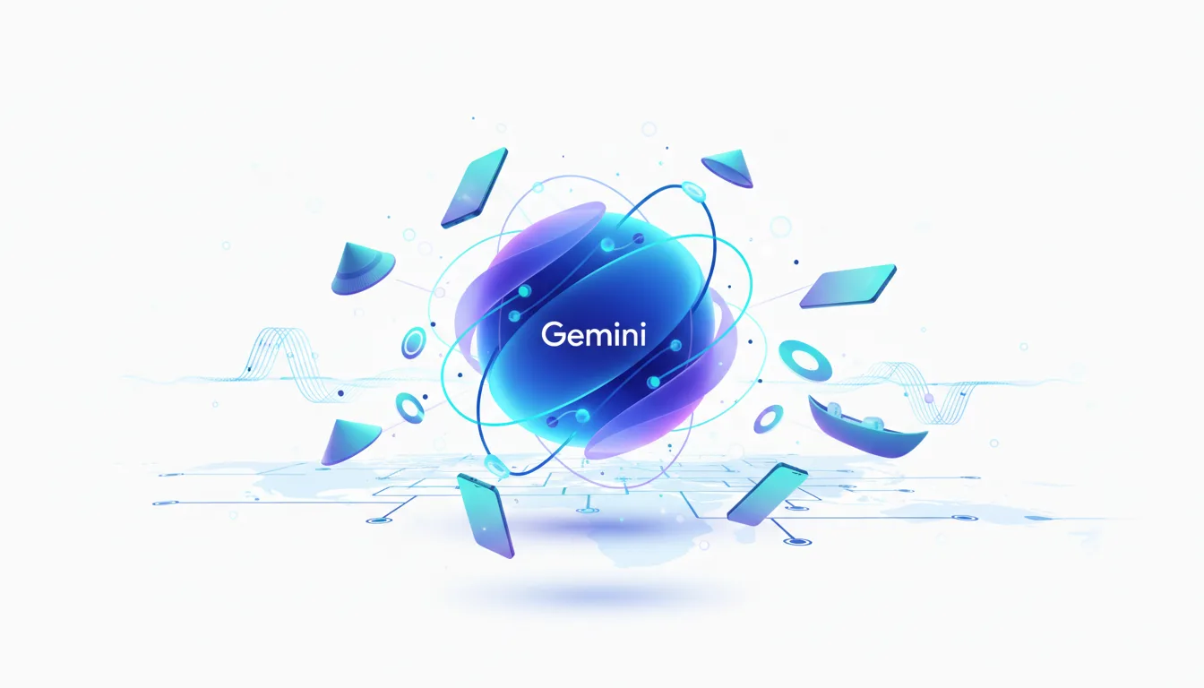 Abstract visualization of the Gemini AI model with orbiting elements and digital interfaces, representing AI advancement.