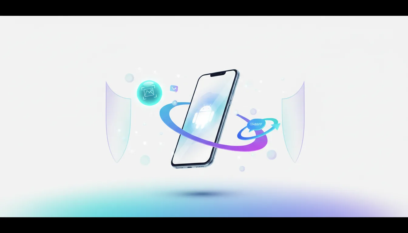 Smartphone with Android logo and icons for photos and messages, surrounded by protective shields, illustrating AI task automation on mobile devices.