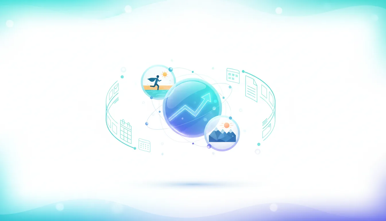 Abstract visualization of a growing graph surrounded by icons representing goals like running, mountains, and documents, symbolizing AI-powered planning.