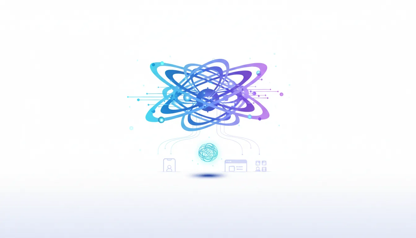 Abstract atomic structure with orbiting electrons connecting to icons representing a user, a browser, and multiple users, symbolizing AI integration.