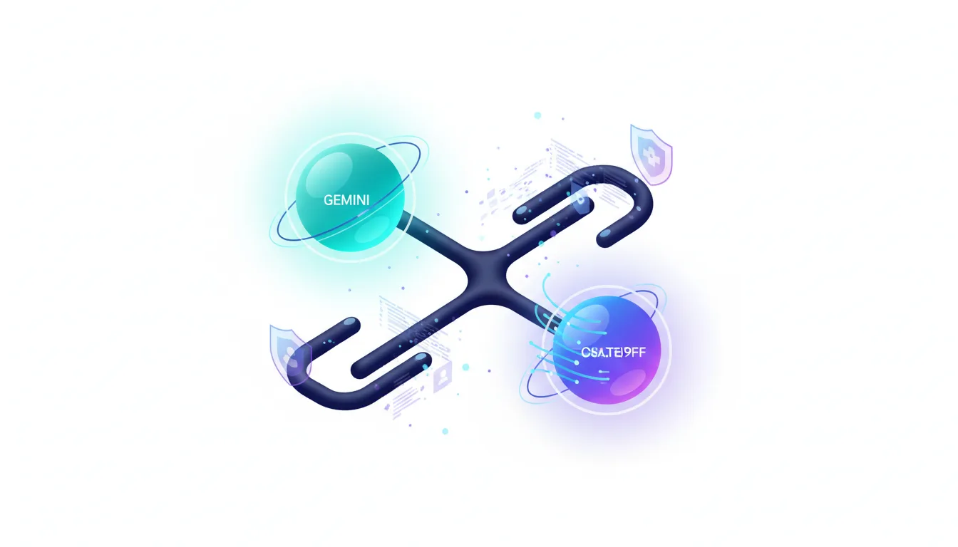Abstract representation of Gemini and ChatGPT AI models with interconnected nodes and security shields, symbolizing developer and enterprise comparison.