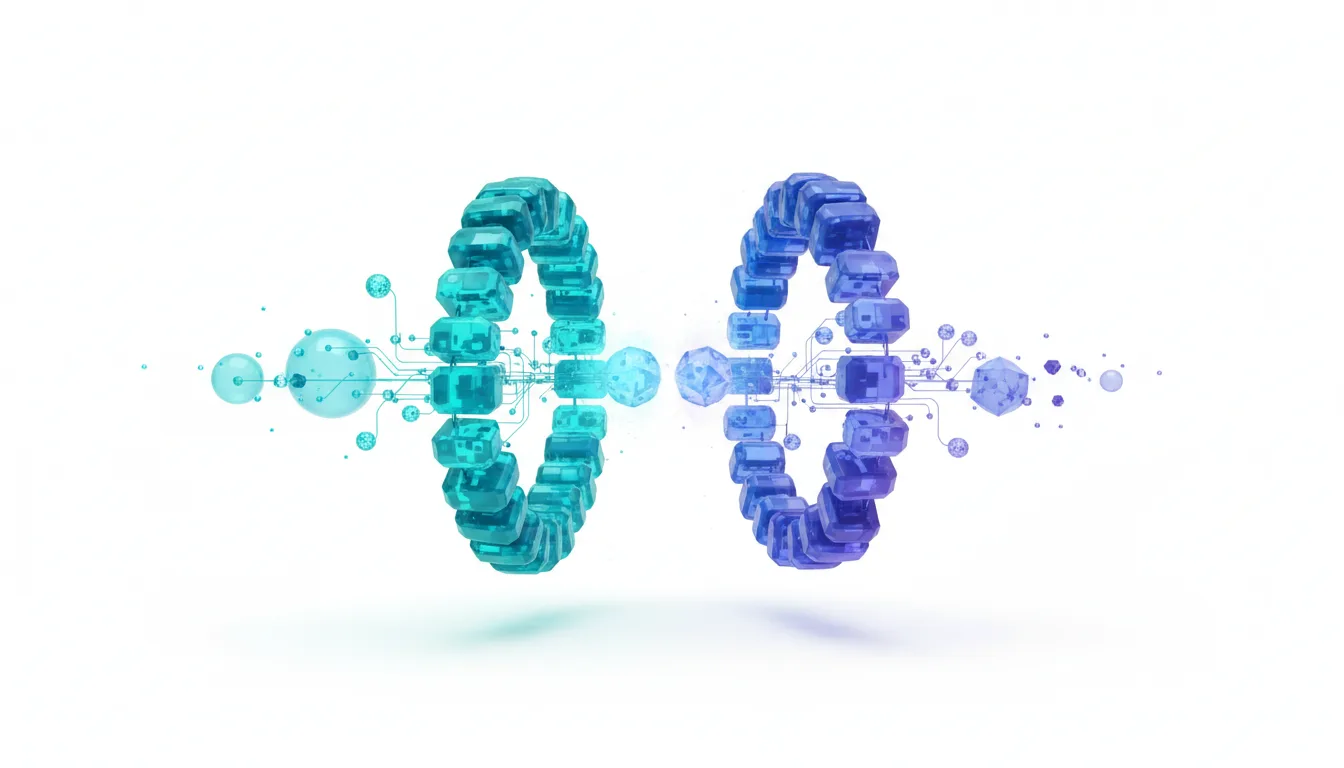 Abstract representation of two interconnected rings of digital blocks, symbolizing AI infrastructure and data flow.