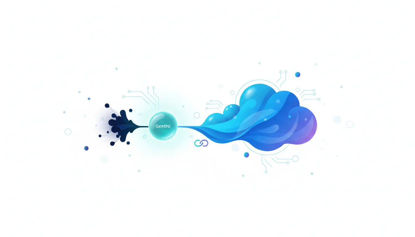 Abstract graphic showing a sphere labeled Gemini connecting to a flowing blue cloud, symbolizing AI integration and cloud strategy.