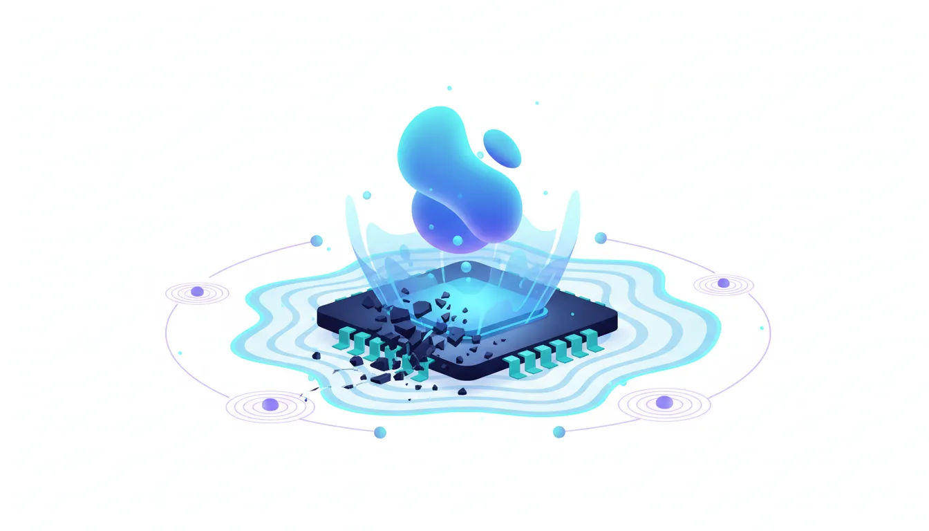 Abstract illustration of a CPU chip breaking apart with glowing blue energy and fluid shapes emerging, representing AI disruption.