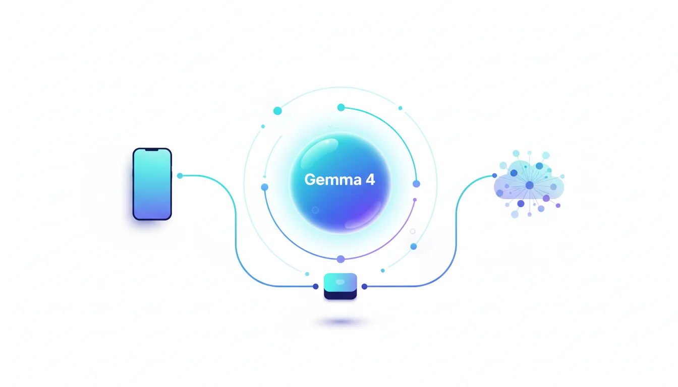 Diagram showing Gemma 4 AI models connecting a smartphone, a central processing unit, and a cloud network for versatile deployment.