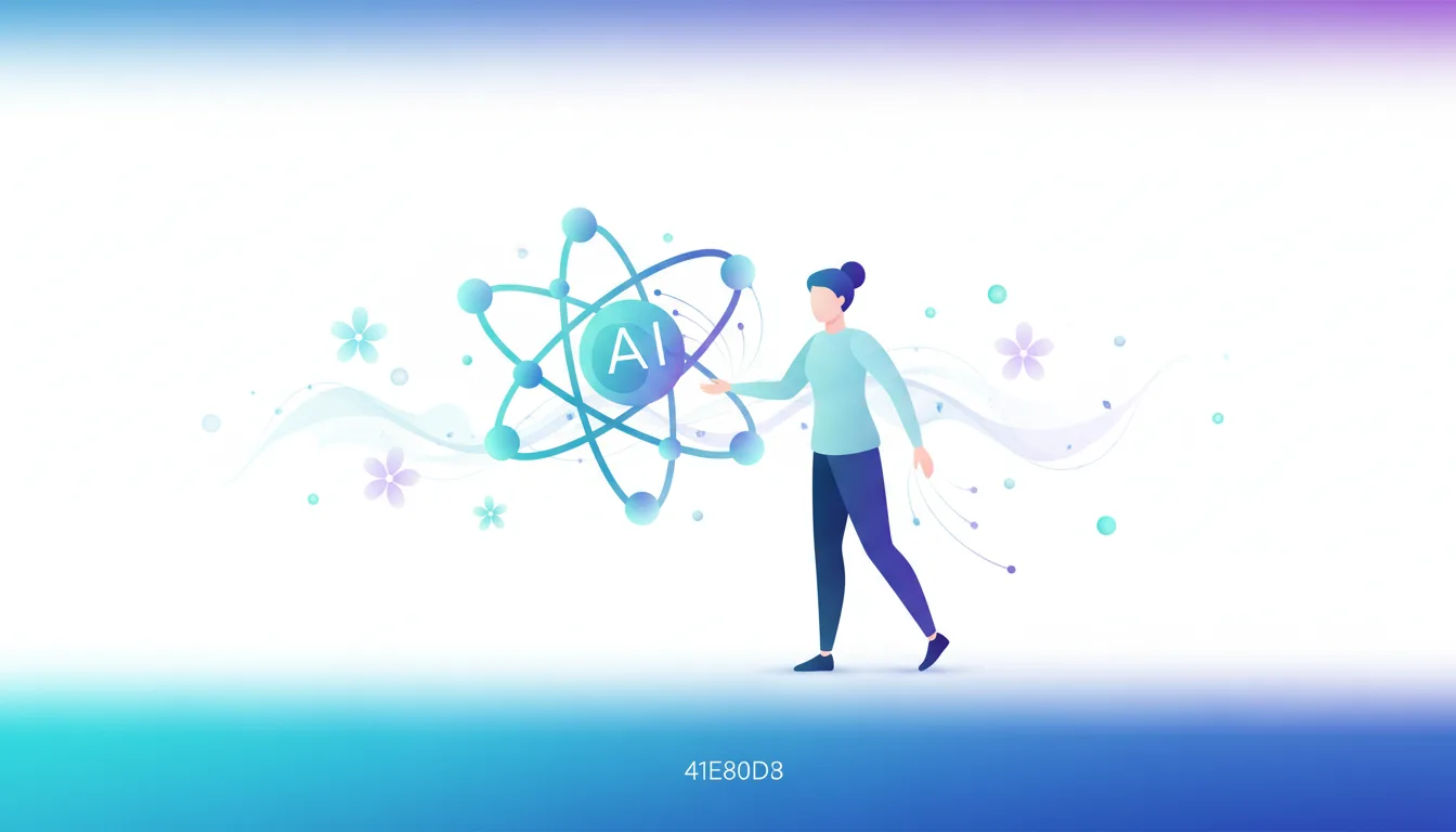 A woman interacts with a glowing AI atom symbol, representing generative AI's impact on the future of work and knowledge.