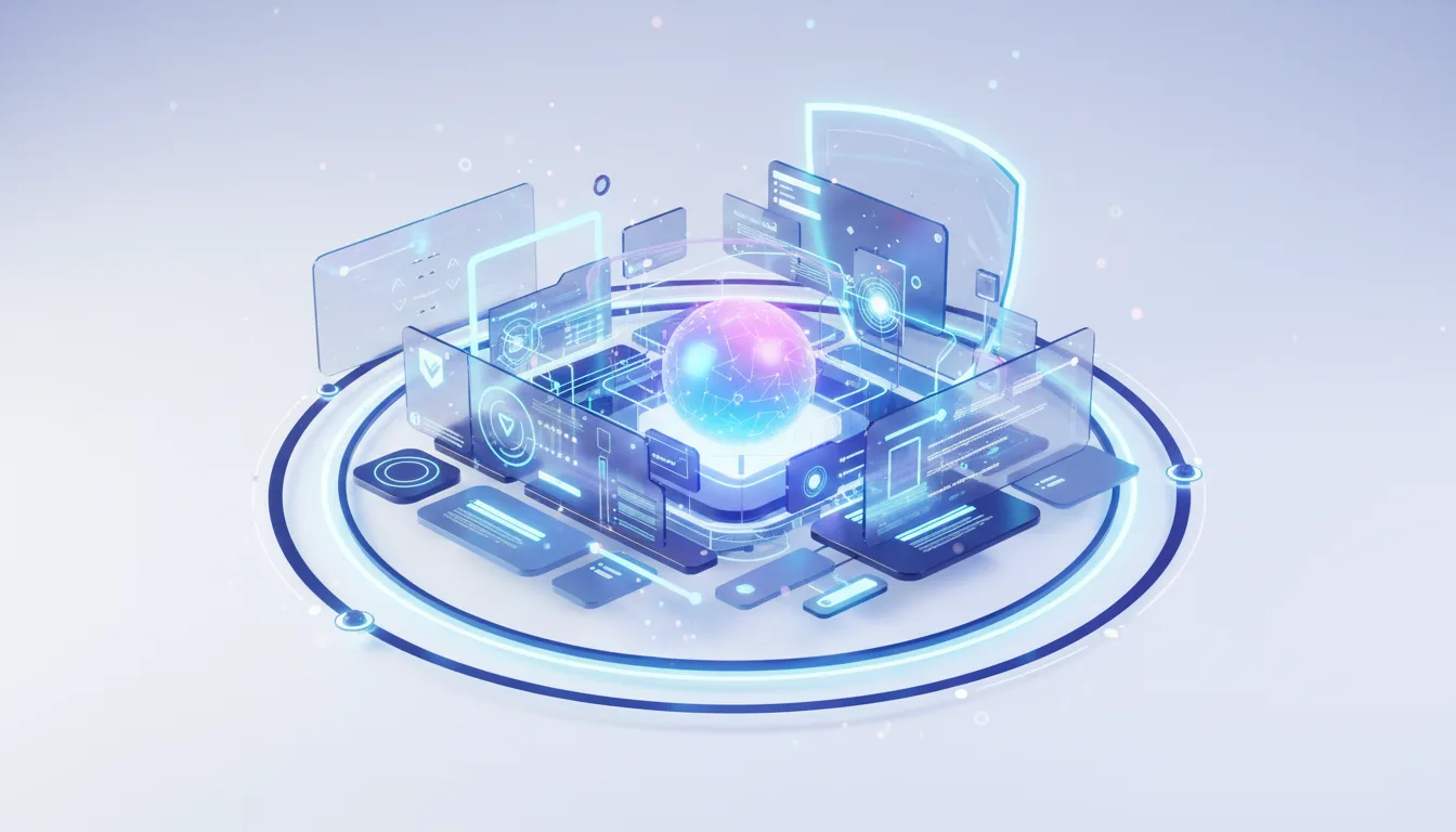 Abstract visualization of a glowing sphere surrounded by holographic screens and digital interfaces, representing Generative UI concepts.
