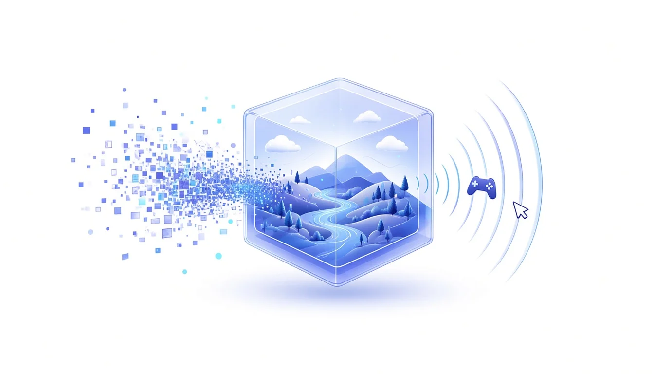 A translucent glass cube containing a generated miniature landscape, assembled from particles, with sound waves and a game controller icon