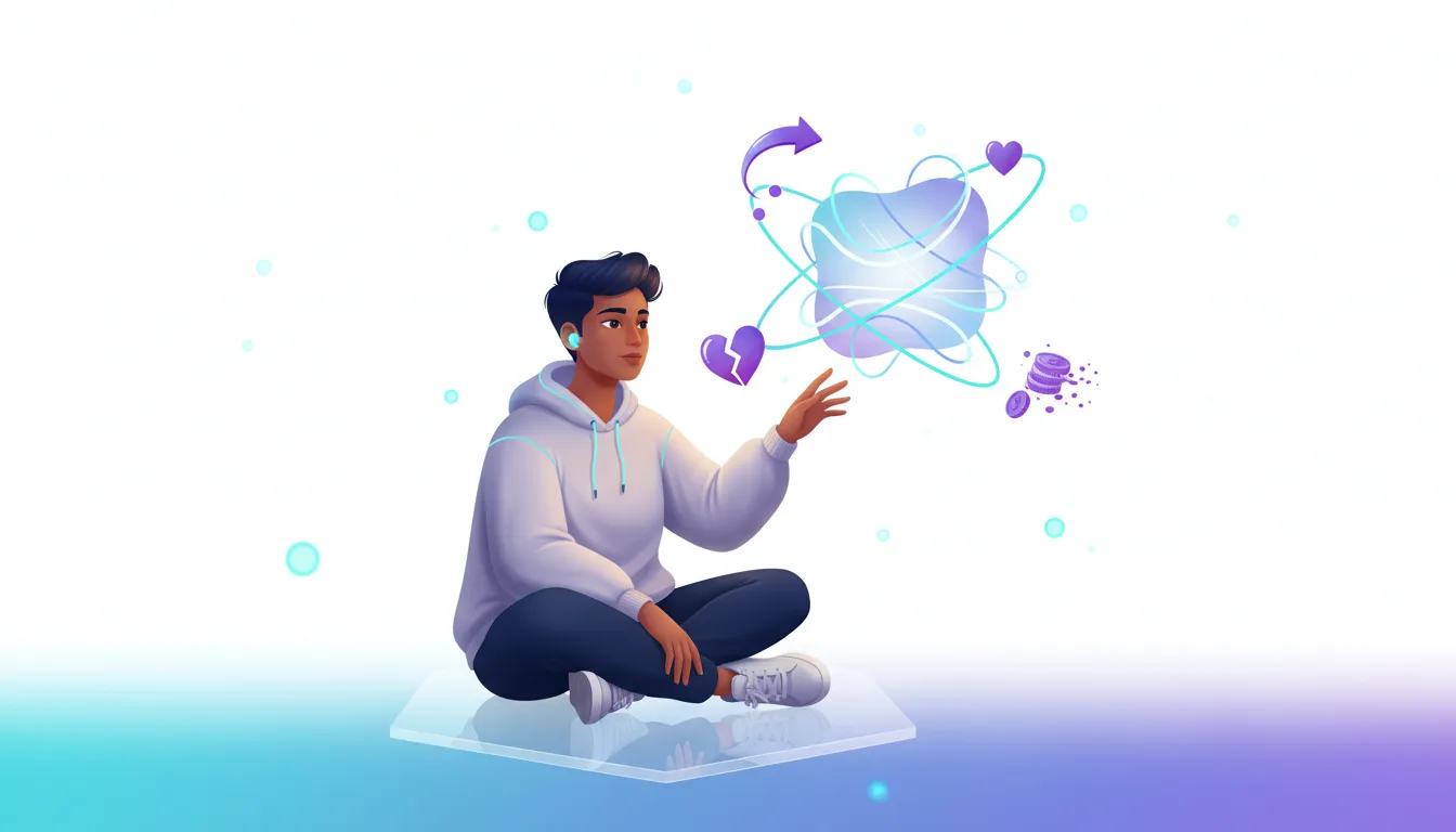 Young person meditating with icons representing relationships, money, and career decisions swirling around an abstract AI core.