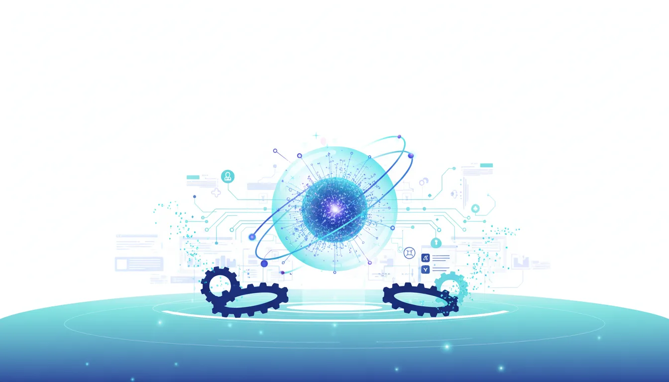 Abstract visualization of a glowing blue sphere with orbiting rings, surrounded by digital circuits, gears, and data streams, representing AI and engineering.