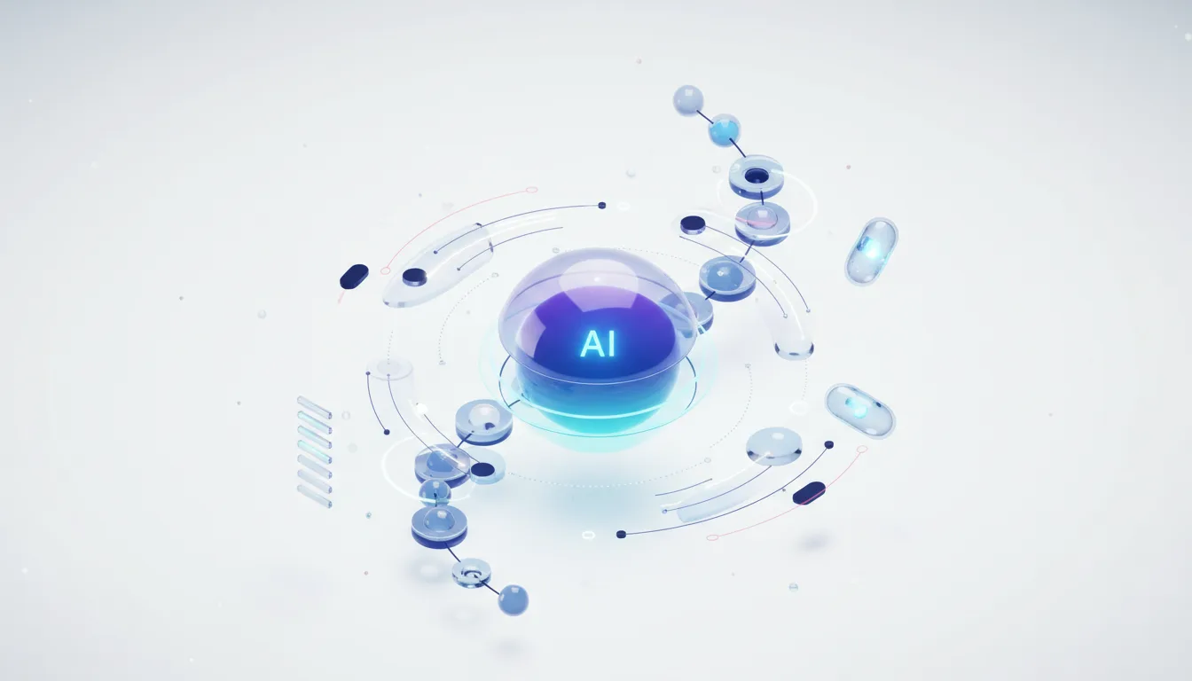 Abstract visualization of AI core with interconnected nodes and pathways, representing complex AI systems and data flow.