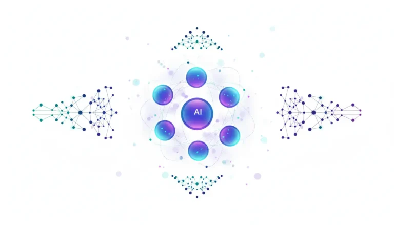 Abstract illustration of multiple AI agents collaborating autonomously through inferred beliefs without a central manager