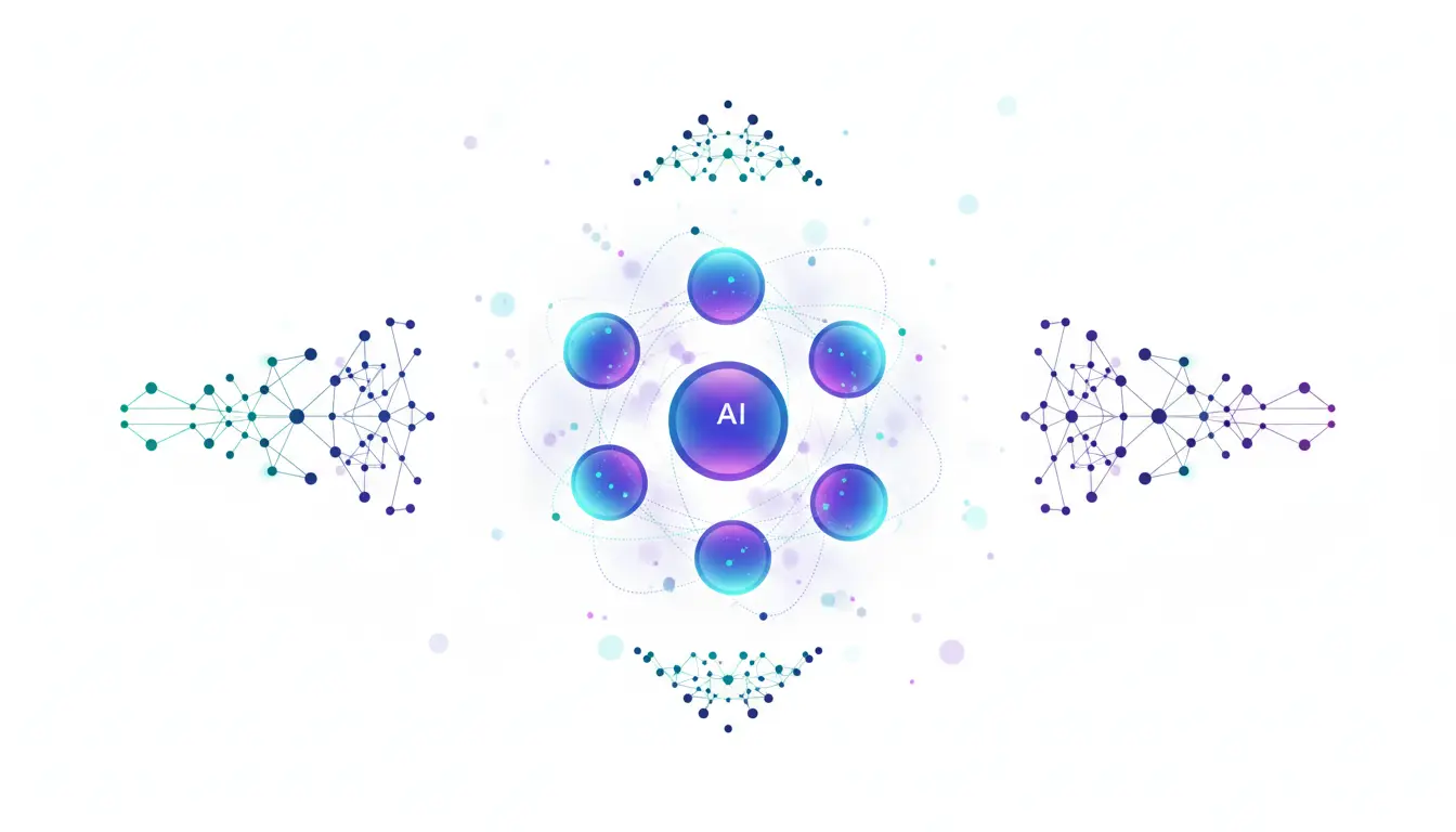 Abstract illustration of multiple AI agents collaborating autonomously through inferred beliefs without a central manager
