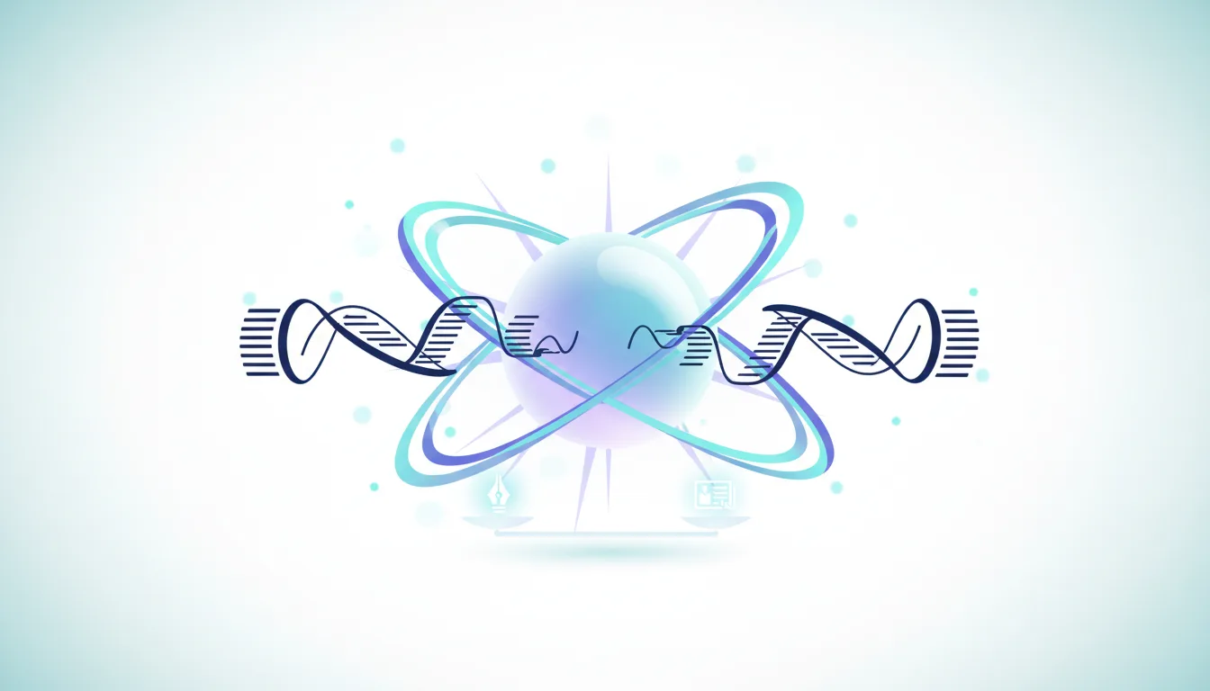 Abstract atom model with orbiting DNA strands and scientific symbols representing AI's impact on information.