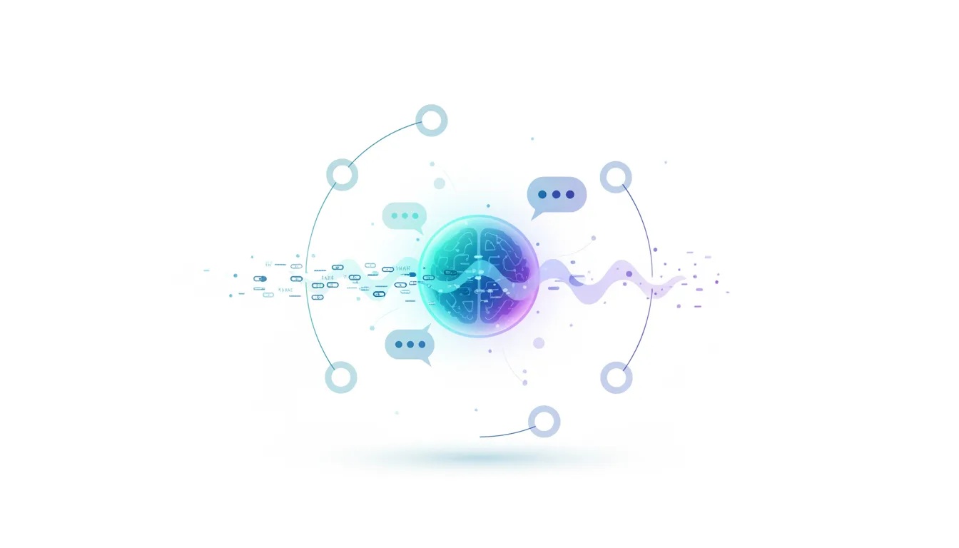 Abstract illustration of a glowing brain with chat bubbles and connecting nodes, symbolizing AI communication and intelligence.