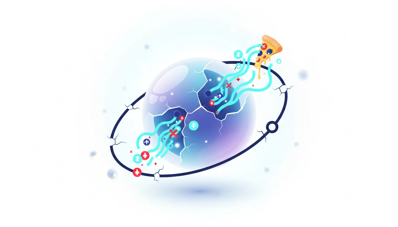 Cracked AI sphere emitting data streams toward a slice of pizza, symbolizing misinformation risks in Google's AI Overviews.