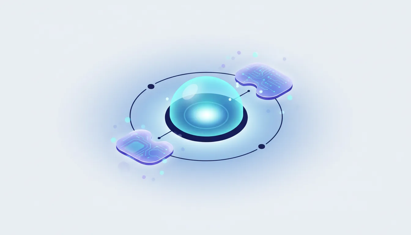 Abstract illustration of a glowing blue sphere at the center of a network, with two purple circuit board-like shapes orbiting it, representing AI integration.