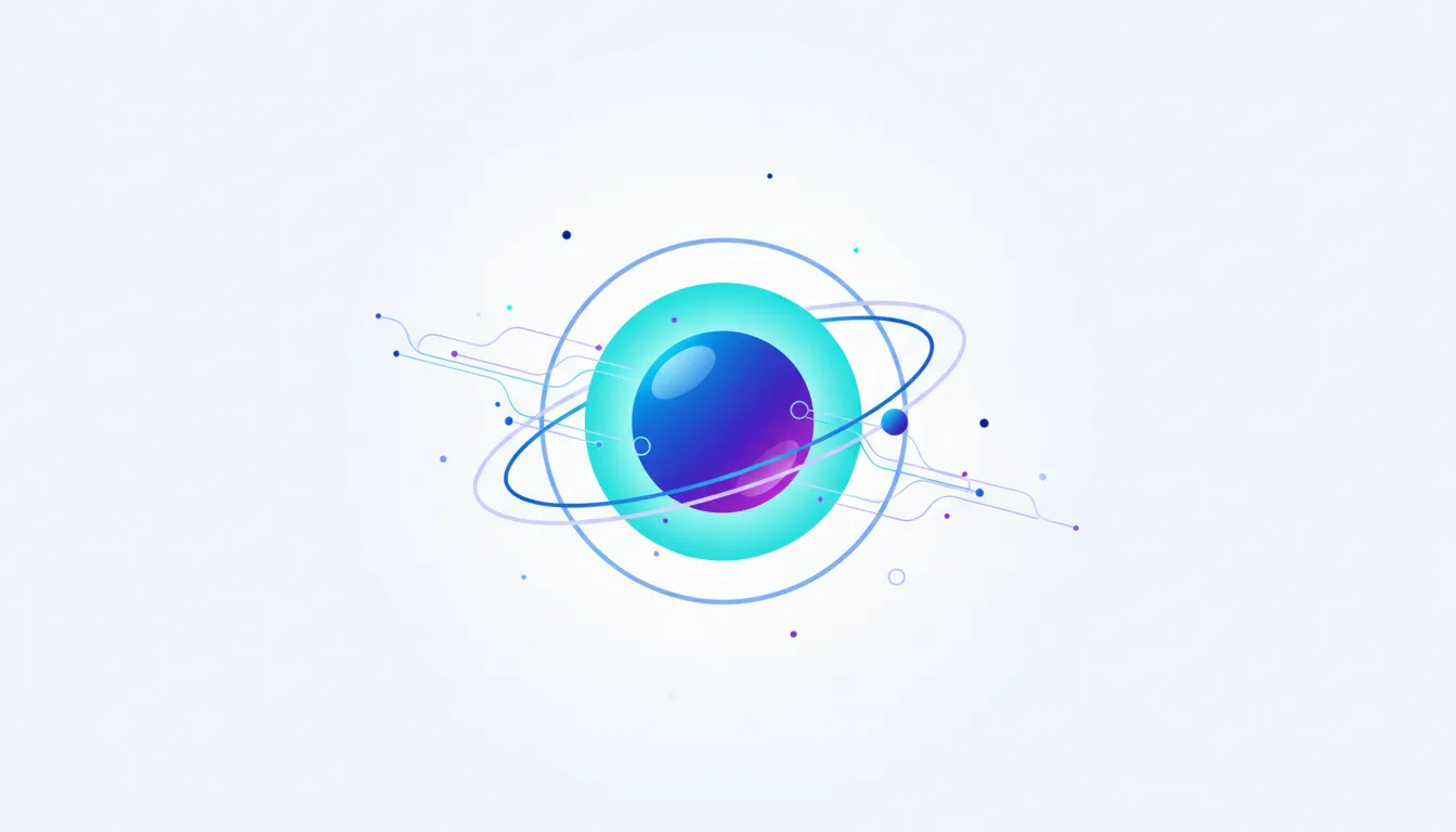 Abstract representation of a glowing orb with orbiting rings and digital data streams, symbolizing AI and technology.