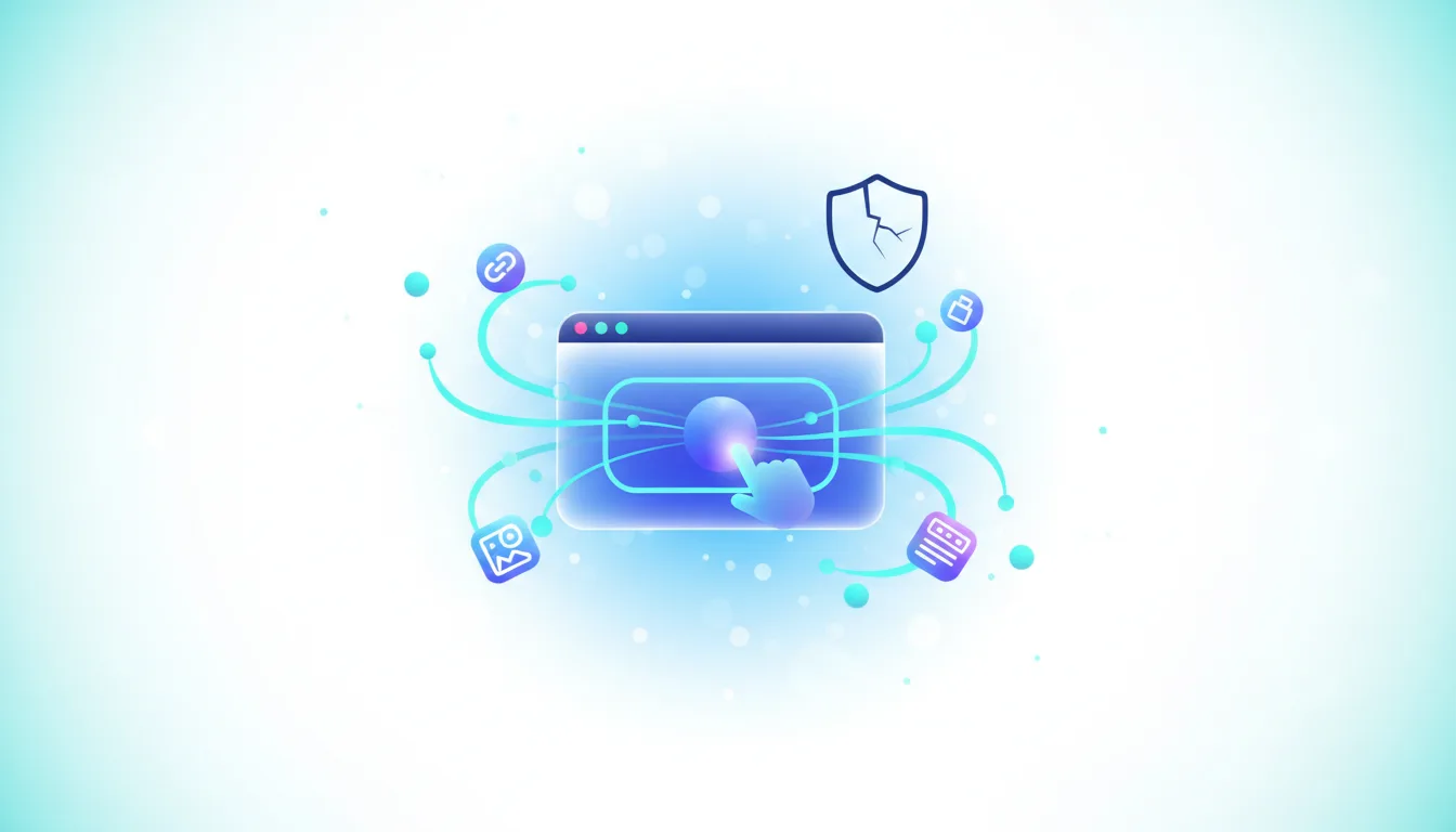 AI hand interacting with a glowing browser interface, surrounded by icons for links, images, security, and data, symbolizing automated web navigation.