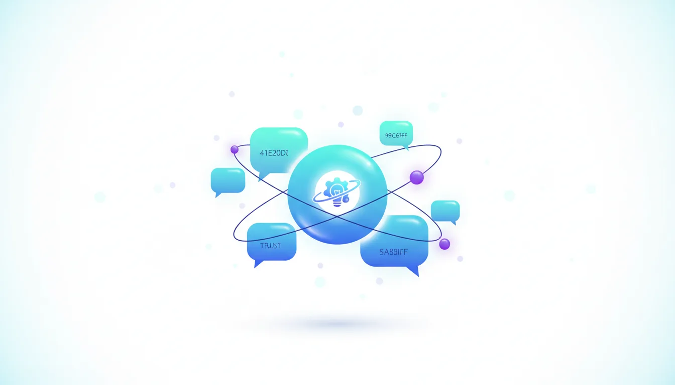 Abstract graphic showing a central glowing sphere with a lightbulb and gear icon, surrounded by orbiting elements and speech bubbles labeled with text and codes, representing AI and communication.