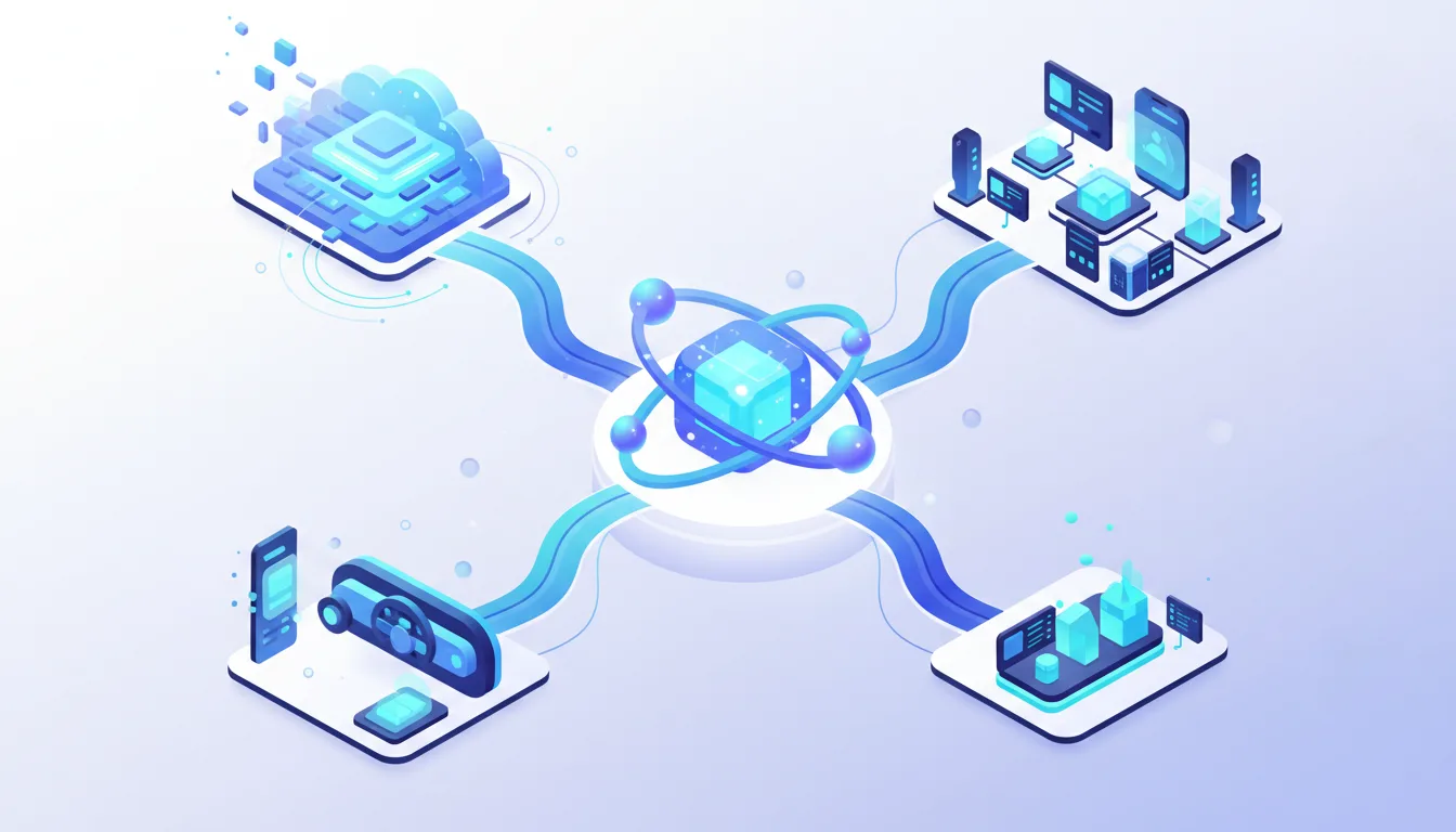 Abstract illustration of a central AI core connecting cloud, enterprise servers, edge devices, and mobile phones.