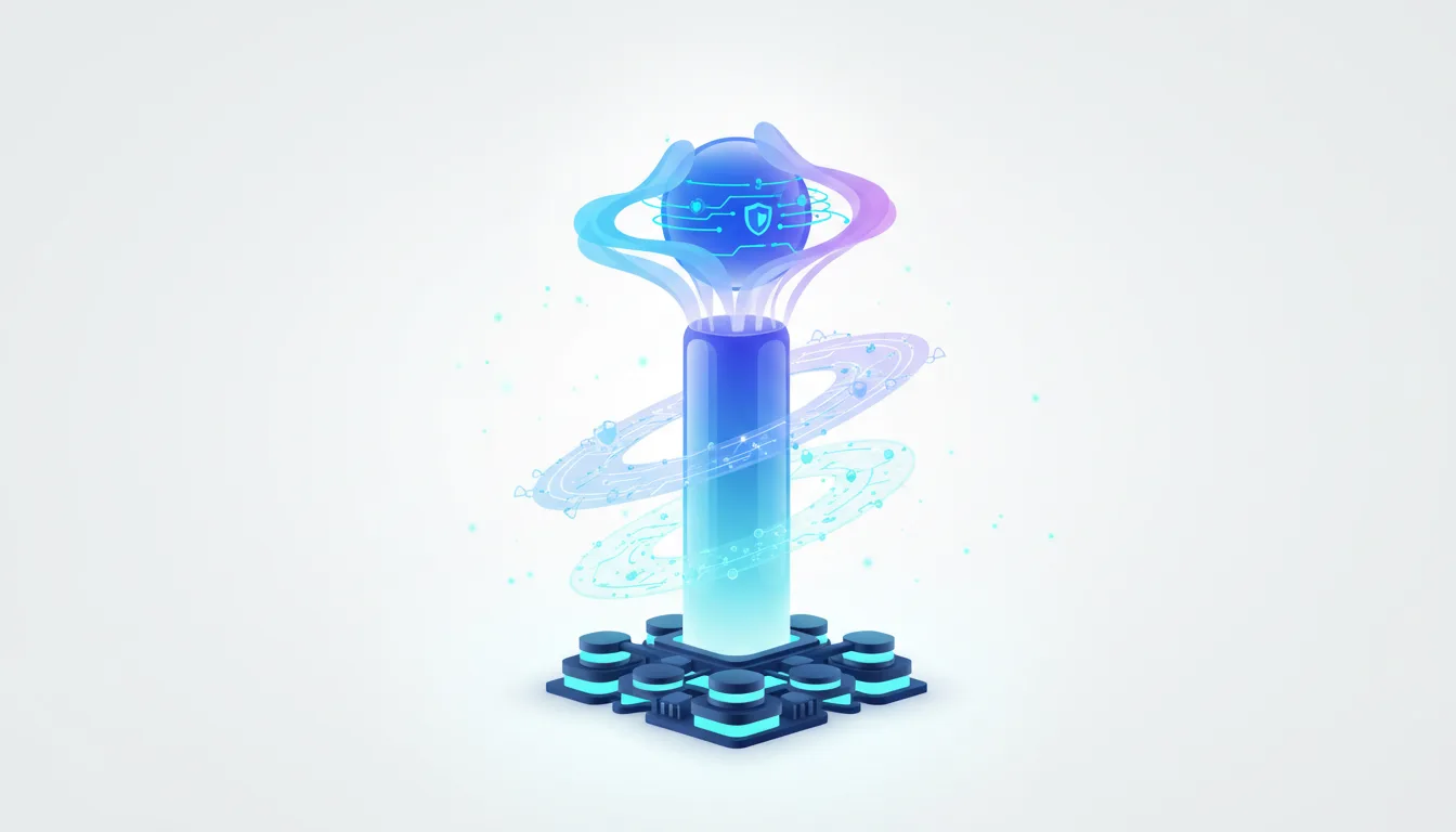 Abstract representation of Google's Gemini AI platform, showcasing a glowing orb with a shield icon atop a futuristic pillar surrounded by digital rings.