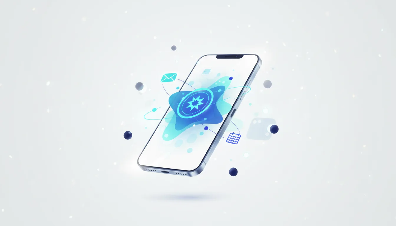 Smartphone displaying a glowing blue AI interface with icons for email and calendar, representing Google Gemini's integration into daily mobile use.