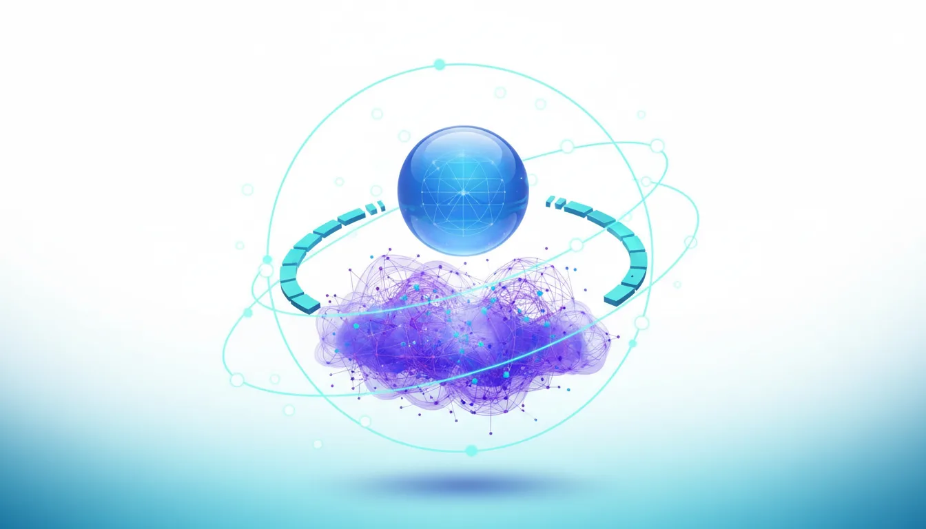 Abstract visualization of a blue sphere and purple cloud connected by digital networks, representing AI integration and development.