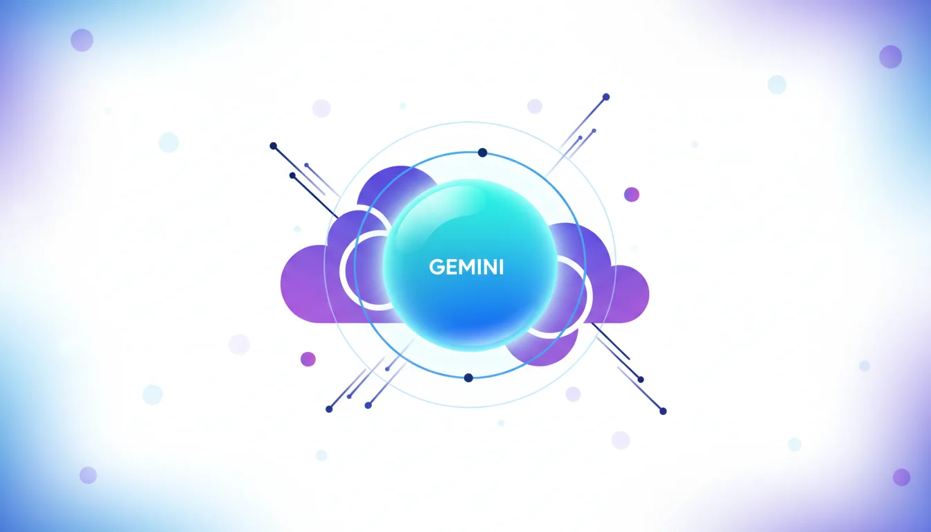Abstract graphic with the word GEMINI in a blue sphere, surrounded by purple clouds and network lines.