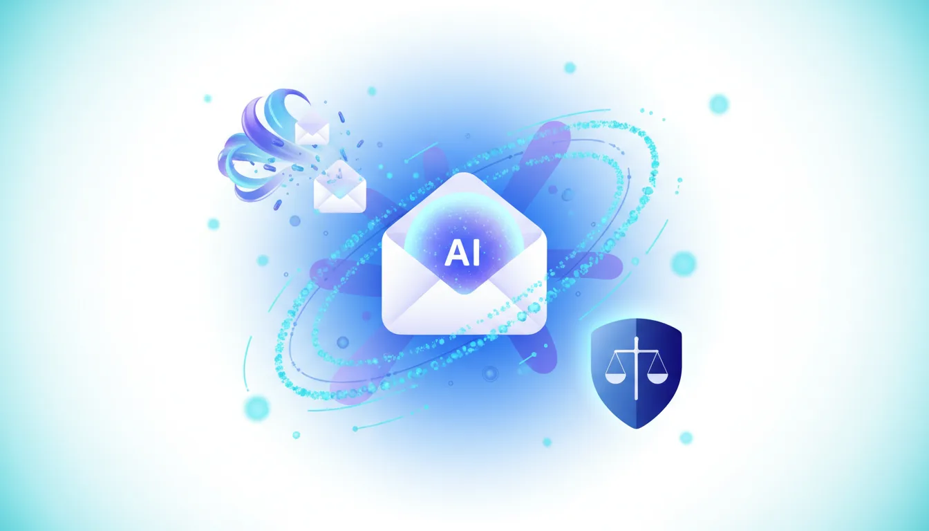 Abstract illustration of an AI-powered email envelope with orbiting digital particles and a shield symbolizing legal or privacy considerations.