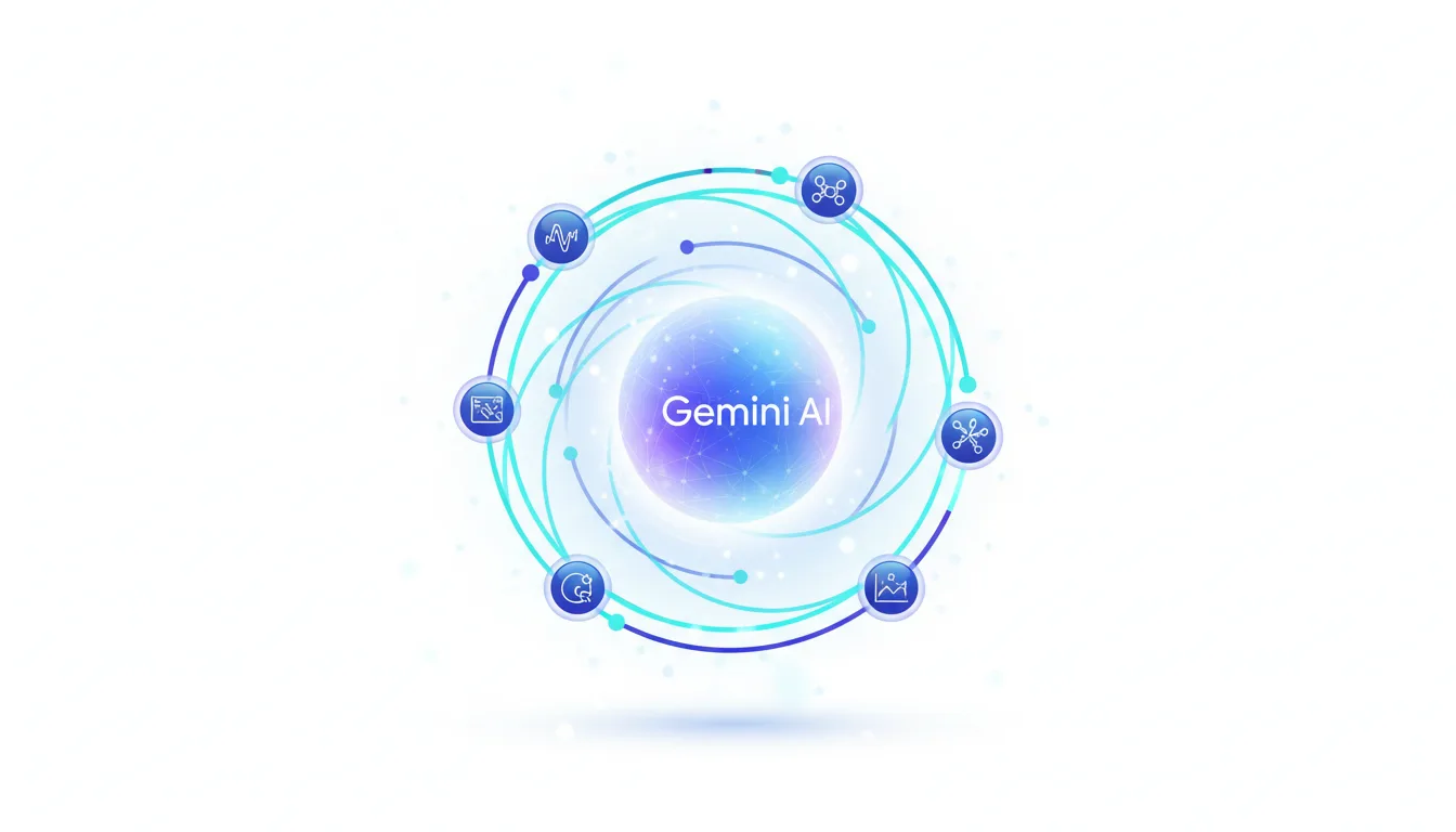 Abstract visualization of Gemini AI at the center of a network of icons representing marketing data and analytics.