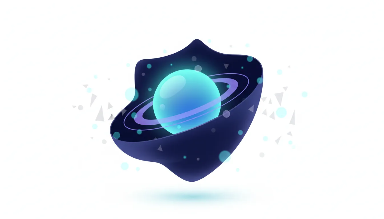 Abstract representation of a glowing blue planet with rings inside a dark, shield-like shape, symbolizing AI protection.
