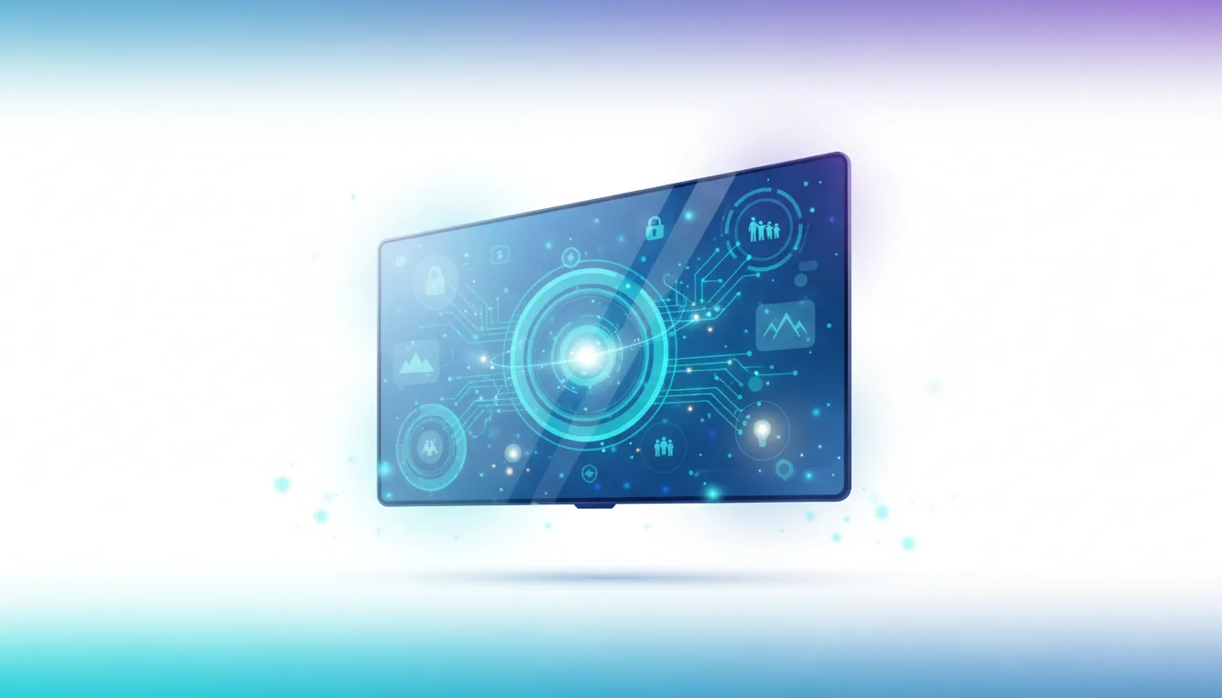 Futuristic smart TV screen displaying glowing circuit board patterns, icons for security, people, and data analytics, representing AI integration.