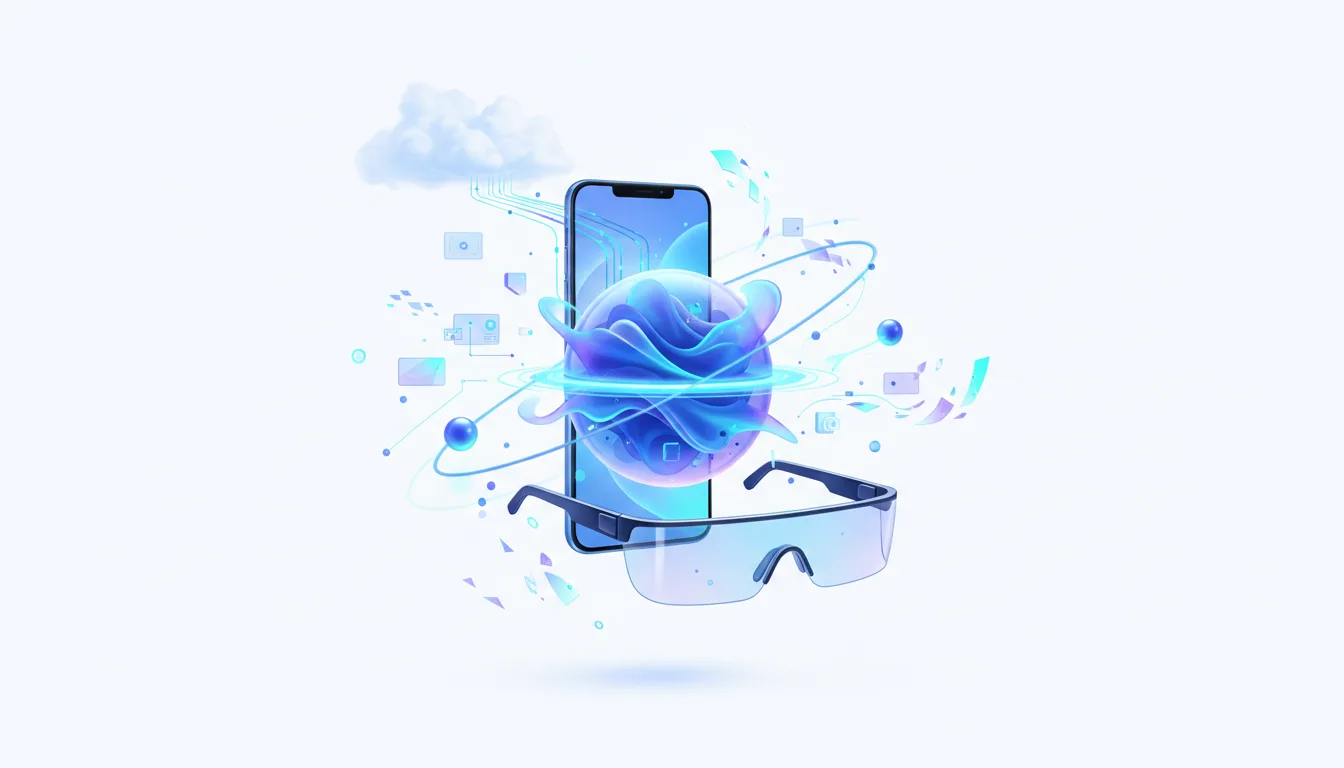 Abstract visualization of a smartphone and XR glasses surrounded by AI-generated elements, symbolizing Gemini's integration into Android and XR.