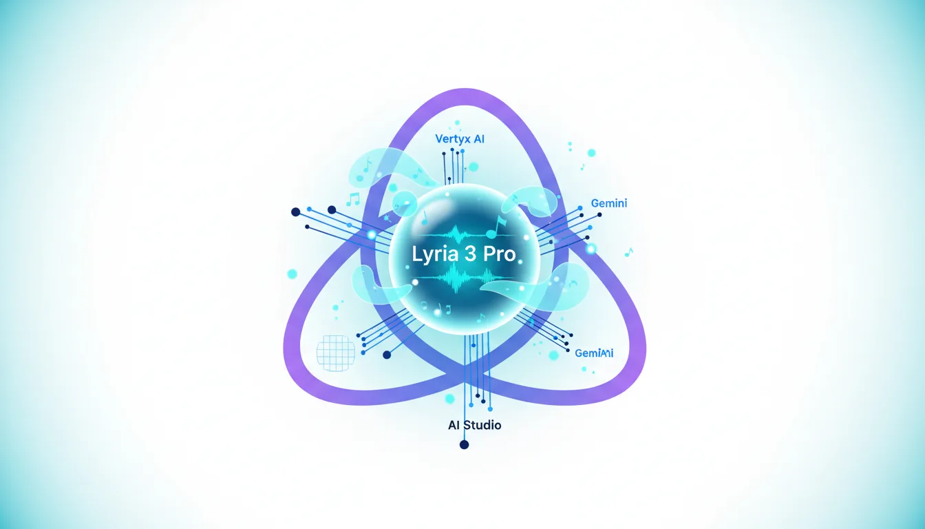 Lyria 3 Pro AI music model at the center, connected to Vertex AI, Gemini, and AI Studio platforms.