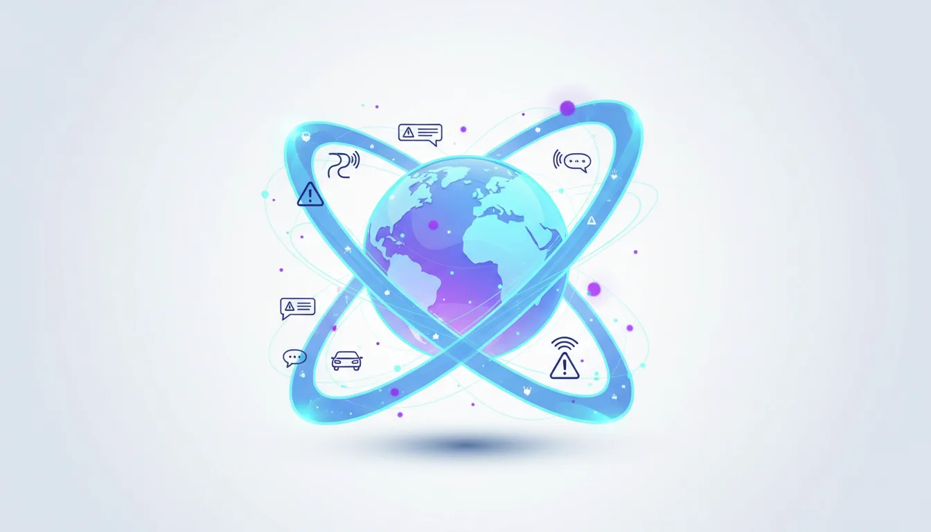 Abstract visualization of a glowing Earth surrounded by orbiting rings and connected by lines, with icons representing AI, navigation, and alerts.