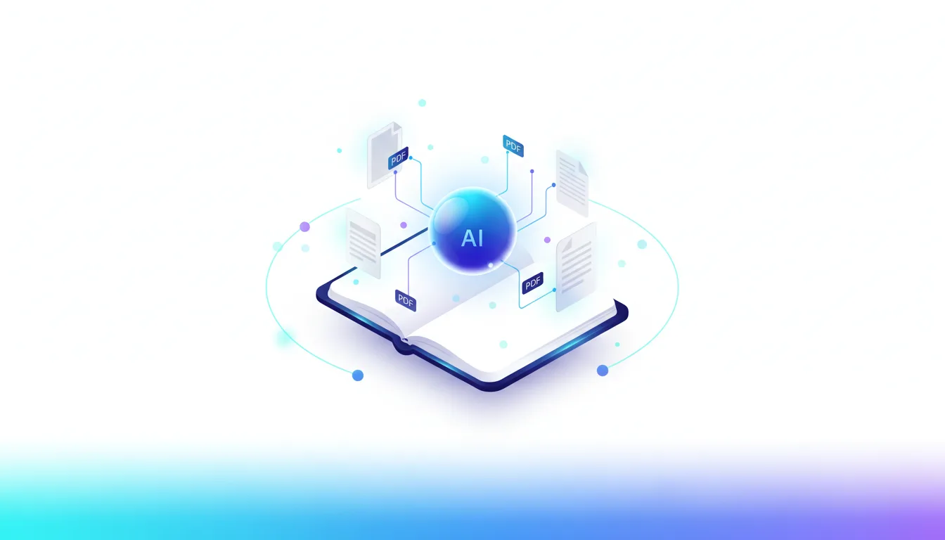 An open book with a glowing AI sphere at its center, connected to surrounding documents and PDF files, illustrating AI research grounding.